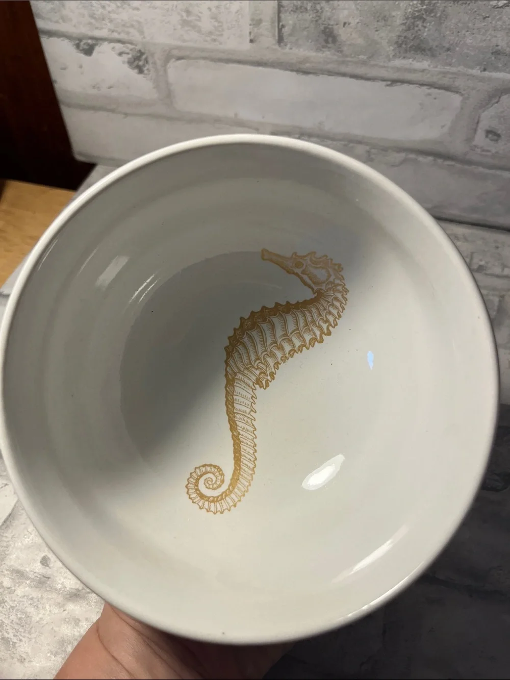 White Porcelain Bowl with Gold Seahorse Accent coastal life gold fine China 5.5